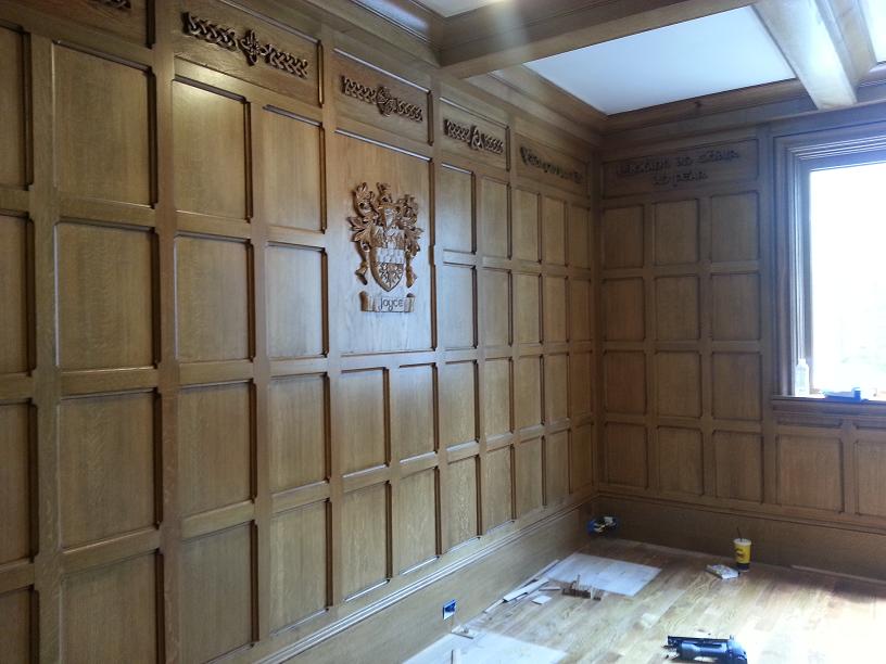 Tudor Study Quartsawn Oak Paneling Detail with Carved Coat of Arms